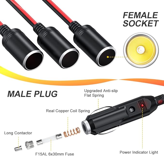 ELECTOP 1 to 3 Car Cigarette Lighter Socket Splitter Adapter Power Charger Port, 12V 24V Car Power Splitter 3-Way Plug Outlet Adapter, 12inch Cigarette Lighter Extension Cord Cable 16AWG with 15A Fuse