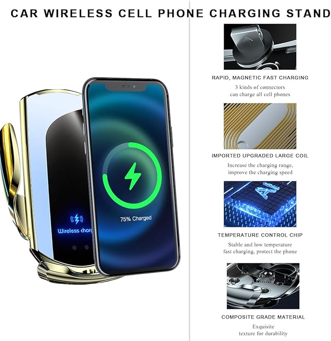 Wireless Car Charger, 15W Fast Charging Air Vent Mount Auto-Clamping Phone Holder, Automotive Electric Induction Charger 360° Rotating Magnetic Vent Mount Bracket for Smartphones (Golden)