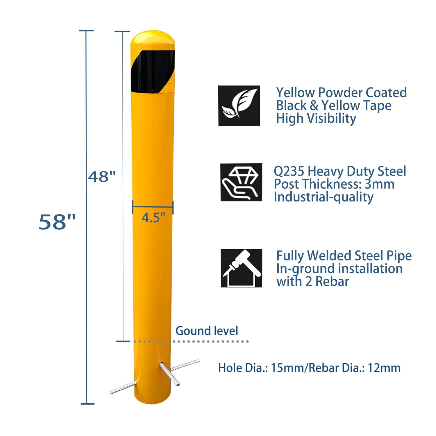 58" Pour in Place Steel Bollard Post, 4-1/2" OD Safety Bollard Yellow Powder Coat, Metal Bollard Parking, Driveway Barrier