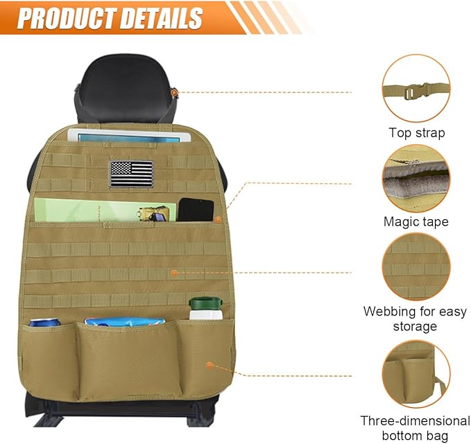 Tactical Molle Car Seat Back Organizer, Vehicle Panel Car Seat Back Cover Protector with 5 Storage Pouch, Universal Backseat Storage Organizer with USA Flag Patch for Car SUV (Khaki-2 Pcs)