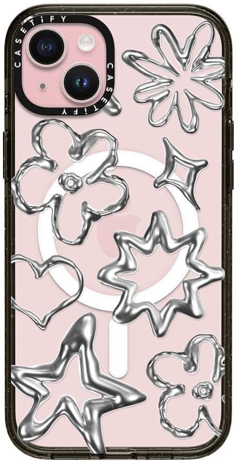 CASETiFY Impact iPhone 15 Plus Case [4X Military Grade Drop Tested / 8.2ft Drop Protection/Compatible with Magsafe] - Stars Prints - Chrome Doodles - Clear Black