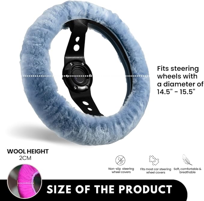 Andalus Brands Luxury Fluffy Car Steering Wheel Covers – Genuine Merino Sheepskin, Soft Fuzzy Car Steering Wheel Cover for Women, Universal 14.5-15" Size, Plush Fur Cute Auto Accessories, Blue Gray