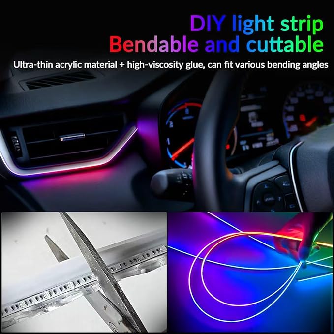 Interior Car Strip Lights Dreamcolor Acrylic Car Decorative Lights with APP Control Multicolor Internal Lighting Kit Music&DIY Function Ambient Fiber Optic Strip LEDs