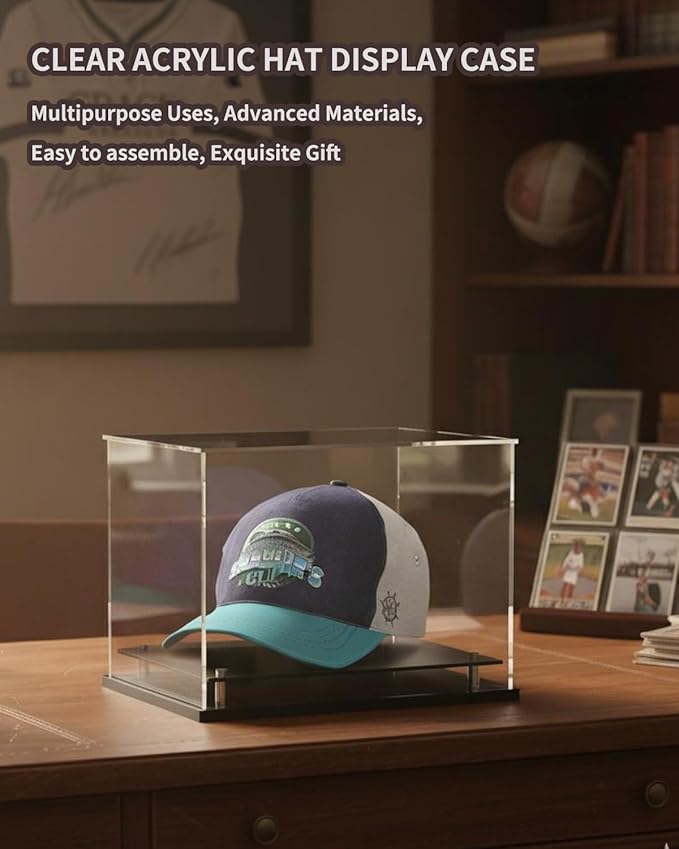 Clear hat Display case for Baseball,Acrylic Cap Holder Stand for Baseball, Football or Snapback Caps,Mini Helmet.Baseball Cap Display case with Metal feet Base(mountable)