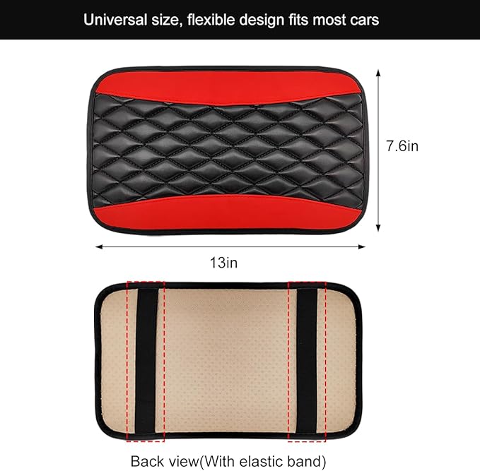 Car Center Console Cushion Pad, 12.6 × 7.48 Inches Waterproof Car Armrest Seat Box Cover, PU Leather Armrest Cover Protector for Most Vehicle, Universal Car Interior Accessories (Black+Red)