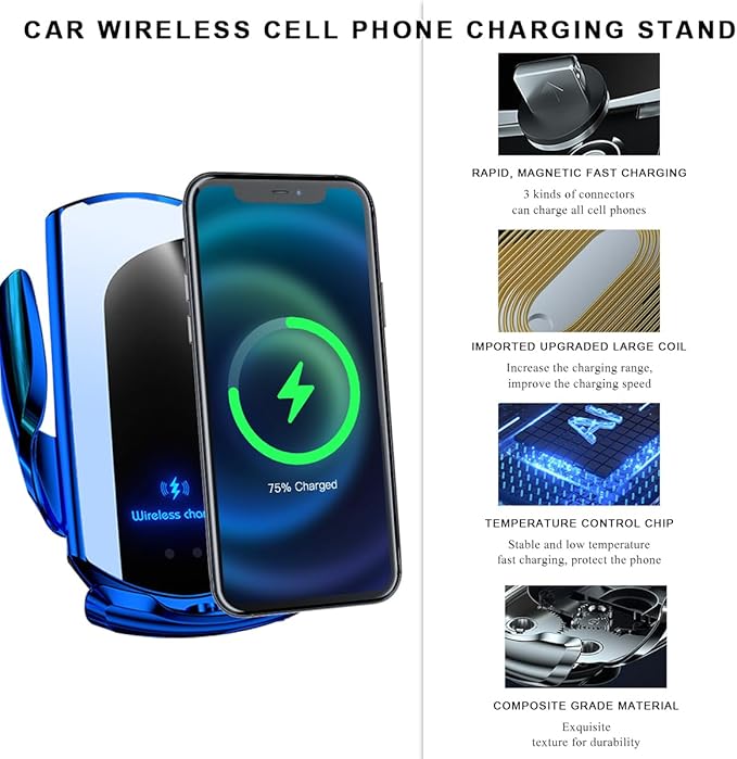 Wireless Car Charger, 15W Fast Charging Air Vent Mount Auto-Clamping Phone Holder, Automotive Electric Induction Charger 360° Rotating Magnetic Vent Mount Bracket for Smartphones (Blue)