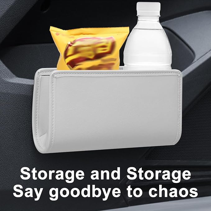 Car Seat Side Storage Pocket, Leather Hanging Foldable Multifunctional Vehicle Front Door Back Organizer Box, Waterproof Auto Interior Organizing Container, Universal fit(White)