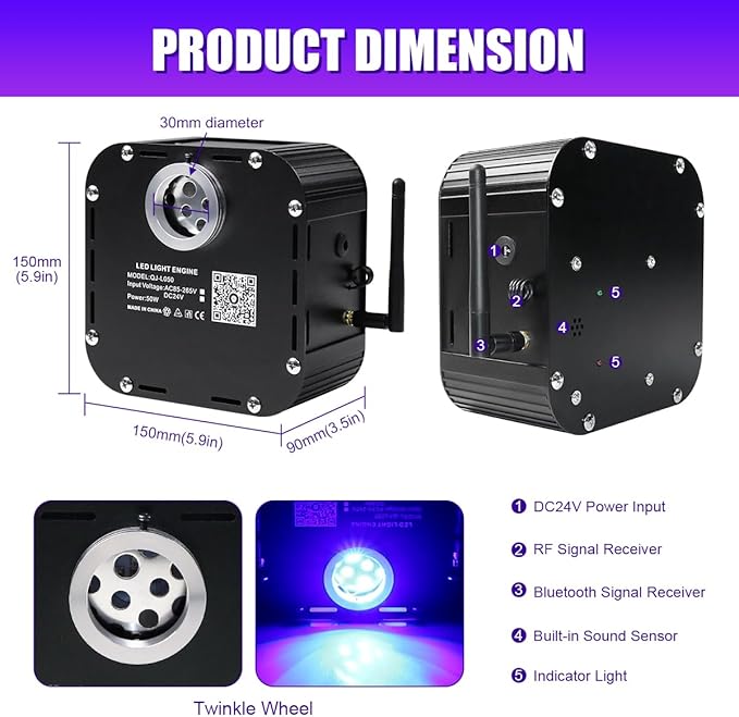 AZIMOM High Brightness 50W Twinkle Fiber Optic Starlight Kits 1200pcs*0.03in*16.4ft End Glow Fiber Strands Sound Activated Bluetooth/APP Remote Control Home Shop Lobby Theater Ceiling Roof Decor