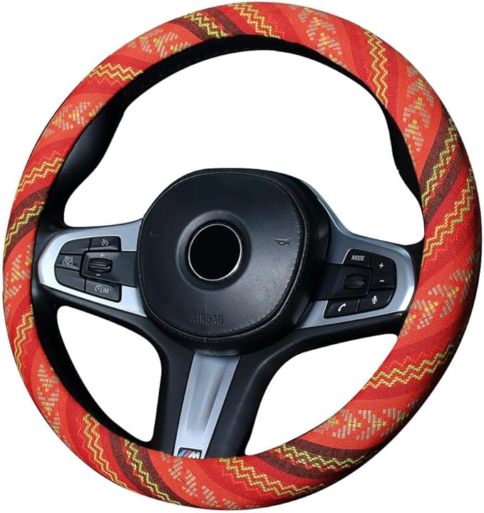 Ethnic Style Coarse Flax Cloth Automotive Steering Wheel Cover Anti Slip and Sweat Absorption Auto Car Wrap Cover (J, 14.5''-15'')