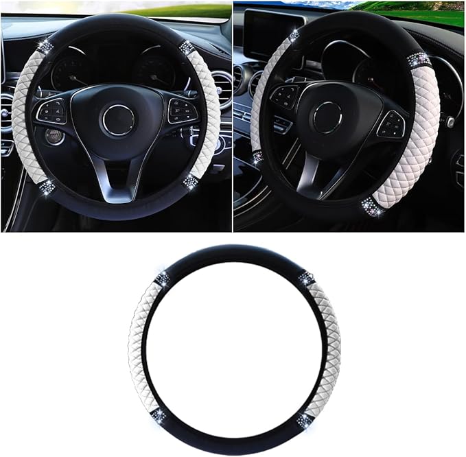 Bling Soft Leather Steering Wheel Cover, 15 Inch Colorful Rhinestones Auto Elastic Protector with Crystal Diamond for Women Girls, Car Accessories for Most Cars, SUVs (White)