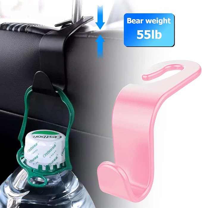 Car Back Seat Headrest Hooks, 4PCS Vehicle Backseat Storage Organizer Hanger, Multifunctional Auto Headrest Hidden Hook Universal for Handbag Purse Backpacks Bags and Groceries (Pink)