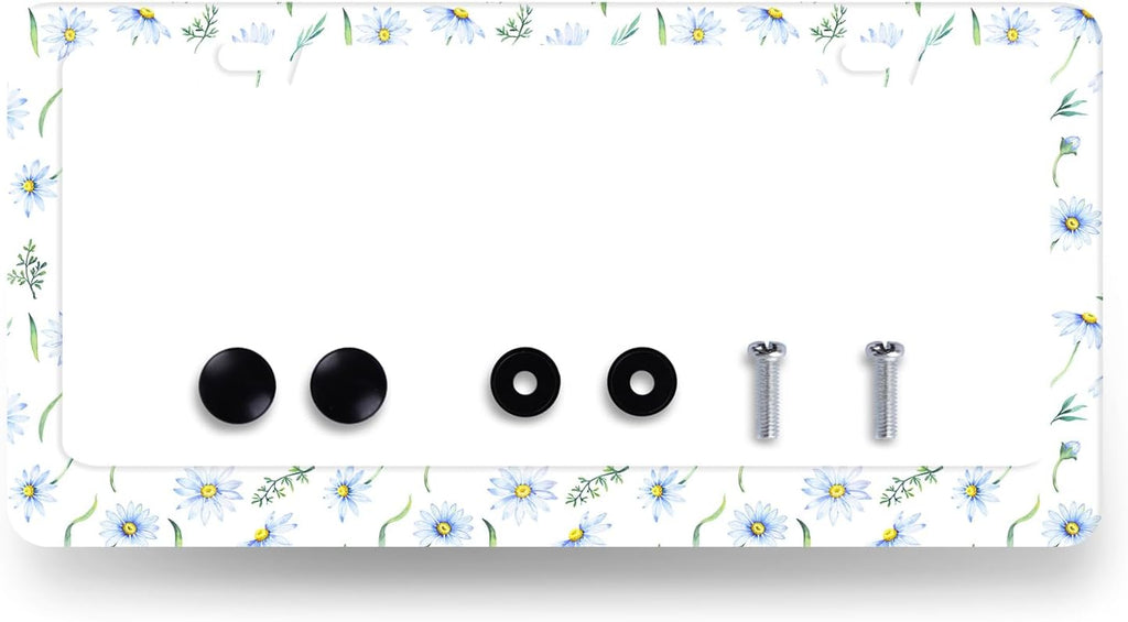 Cute Blue Daisy Flowers License Plate Frame Colorful Floral License Plate Holder Stainless Steel Colorful Car Accessories Decoration 6.3"X12.3" with 2 Holes Screws
