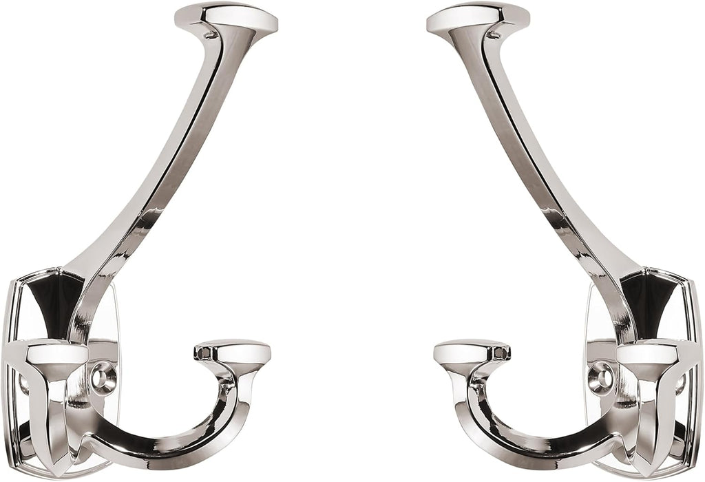 Large Wall Double-Sided Hook 2 Pack Polished Nickel Hook Decorative Heavy Duty Solid Large Coat Hooks for Towel Hanging Coats Robe Towel Bags Door Back 2 Prong Hooks