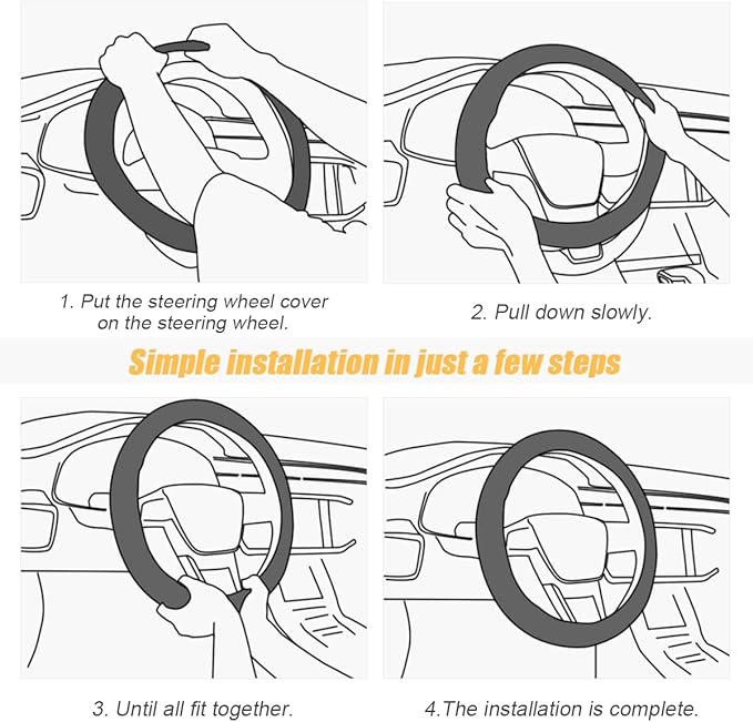 Leather Steering Wheel Cover, Soft Breathable Anti Slip, Universal Fit 15 Inch Car, Truck, SUV (Black/Orange)