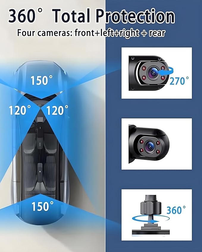 Car Dash Cam Wireless Front Rear 360 Full View 4K Dual Security 24HR Rechargeable 4 Channel Mirror Rearview Interior Auto Video On-Dash Mounted Driving Recorder Truck Electronics Accessory(128G)