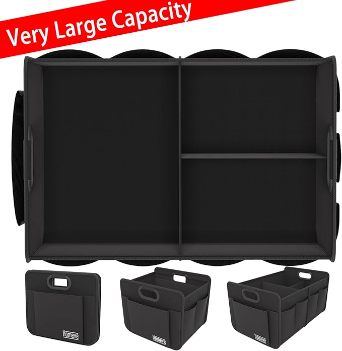 Homeve Trunk Organizer, Car Storage, Reinforced Handles, Collapsible Multi-Compartment, Foldable, Waterproof, Sturdy, 600D Oxford Polyester For Car, SUV, Mini-Van, Black, 2 Compart-Medium