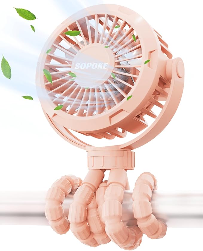Mini Portable Baby Stroller Fan,3 Speed Personal Handheld Fan,Battery Operated Rechargeable 360° Flexible Tripod Cooling Fan, Suitable for Car Seat Crib Treadmill Golf Cart Travel(Pink)