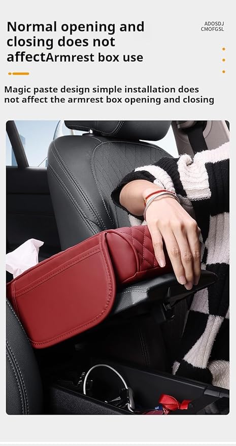 Center Console Cover Arm Rest Cover Leather Car Armrest Box Pad with Pocket Tissue Box Hole Auto Armrest Cover Cushion for Car Vehicle (Black-Red)