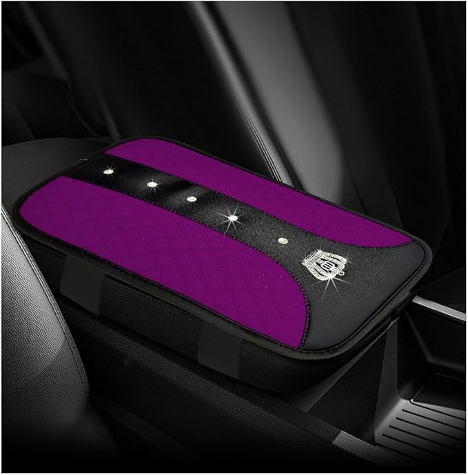 Bling Leather Car Center Console Cover, Anti-Slip Crown Armrest Seat Box Cushion Pad with Rhinestones, Waterproof Crystal Arm Rest Protector Interior Decor for Most Vehicles (Purple)