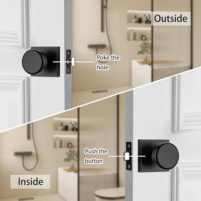 Black Door Knobs with Square Rosette, Interior Door Handles for Bath & Bed, Heavy Duty Door Knob with Lock