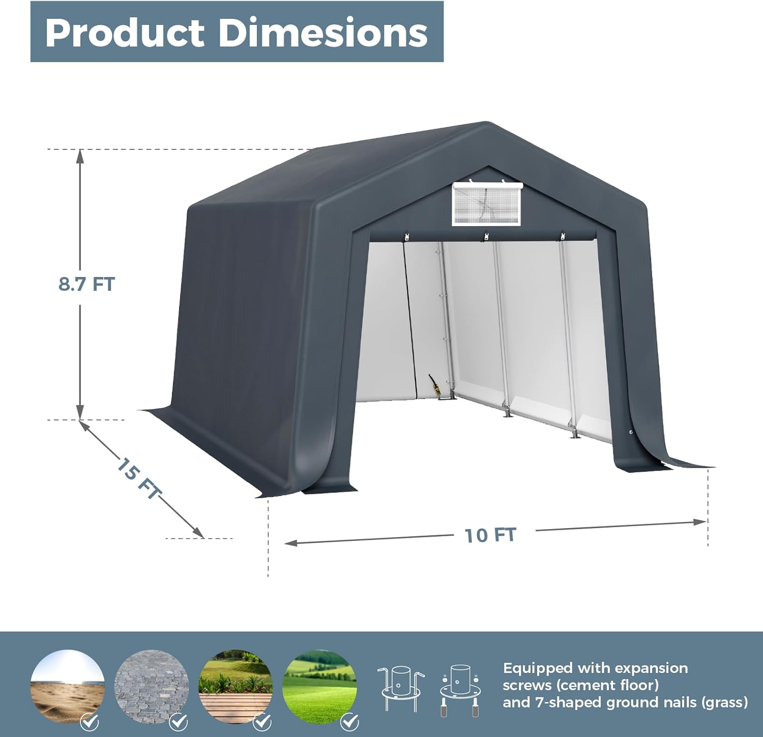 GREEN PARTY Storage Shelter Shed, 10x15 ft Portable Shed Outdoor Carport with Roll-up Zipper Door & Vents, Outdoor Storage Shed Portable Garage for Motorcycle, Bike, Waterproof & UV Protected, Gray