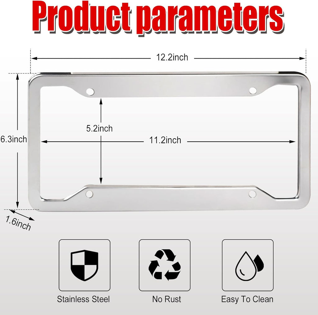 2 Pcs 4 Holes Stainless Steel License Plate Frame，Car License Plate Holder Bracket with Mount Hardware ，Screw， Caps Cover Set Car Accessories