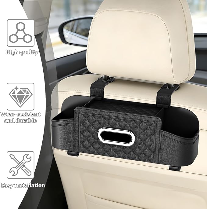 Car Backseat Organizer, 4-in-1 Multifunctional Vehicle Seat Back Tissue Box with Cup Holder & Hook, Automotive Backseat Hanging Storage Box for Bag Phone Drink, Universal for Vehicles (Black)