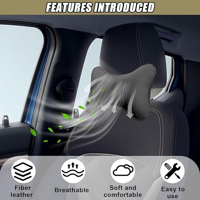 2PCS Car Neck Pillow, PU Leather Headrest Cushion with Adjustable Strap, Ergonomic Soft Headrest Pillow, Universal Multi-Function Auto Lumbar Support Accessories for Pressure Relief (Black)