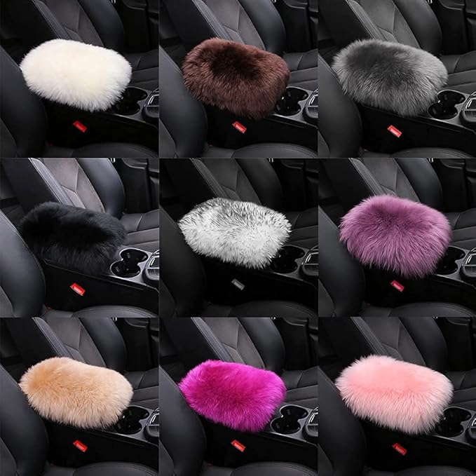 LLB Auto Center Console Cover Pad Universal Fit for SUV/Truck/Car, Genuine Sheepskin Wool Fur Car Armrest Seat Box Cover, Furry Fluffy Auto Armrest Cover Protector (Tan)