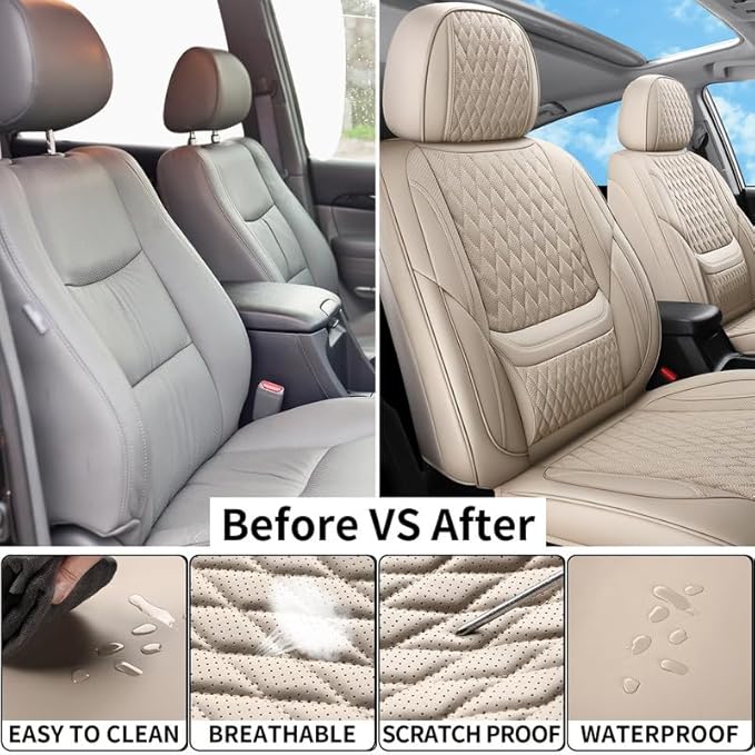 Car Seat Covers Full Set Custom Fit for Ford Ranger 2000-2026 - Premium Faux Leather with Lumbar Support | Breathable, Waterproof, Anti-Slip, Durable (Beige,Full Set)