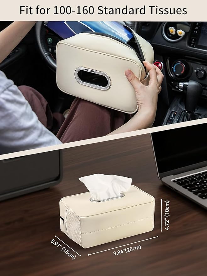 2 Pack Multi-Functional Car Tissue Holder with ‌2 Tuck Nets, Upgraded PU Leather Tissue Box Cover, Large Rectangle Napkin Storage Organizer, Keep Car Tidy, Beige