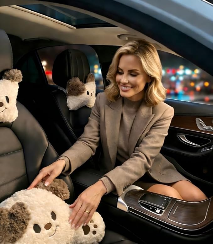 Car Seat Cushions Headrest and Lumbar Support Pillow Set Cute Bear Soft Plush Neck Cushion and Back Support for Long Driving Travel Comfort