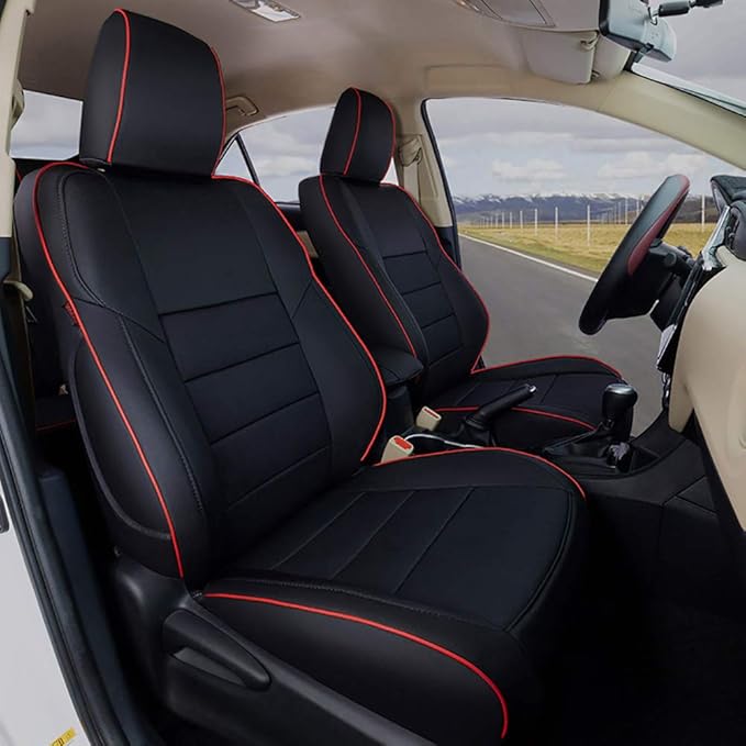 EKR Camry Seat Cover for Toyota Camry L LE XLE 2012 2013 2014 2015 2016 2017 (Not for Hybrid) Leather Car Seat Cover Full Set for Trucks SUV-Faux Leather (Black with Red Trim)