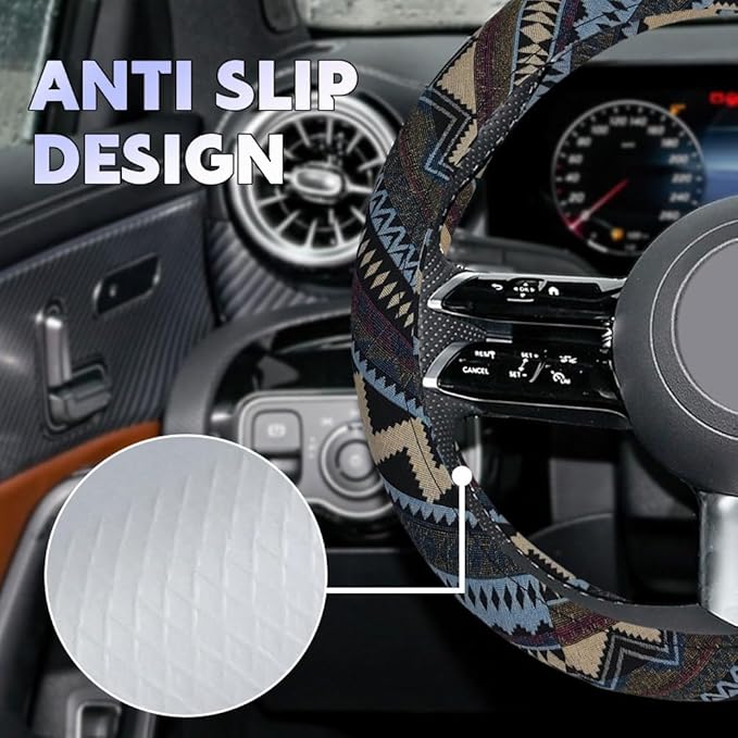 Boho Steering Wheel Cover, Steering Wheel Cover Women, 15 inch Hippie Style Protector Covers, Universal Ethnic Flax Cloth Car Accessories Universal for SUV Van Truck (Hippie-H)
