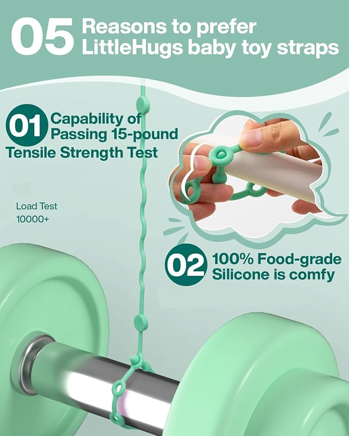 LittleHugs Toy Straps for Baby, 5pcs Adjustable Toy Holder for Stroller Accessories, Silicone Tether Pacifier Clip, No Throw Travel Essential Leash for High Chair, Car Seat (4-Pack)