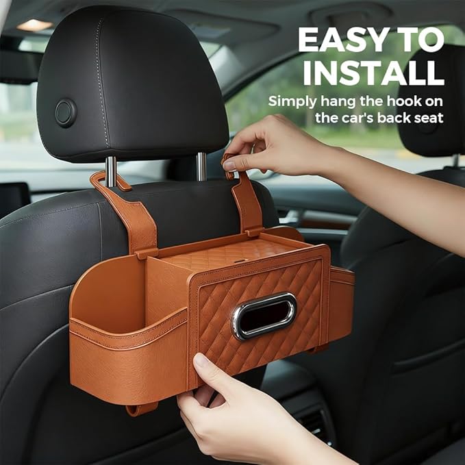 3-in-1 Car Backseat Organizer with Cup Holder Tissue Box and Hooks, Multifunctional Car Seat Back Storage Box, Car Headrest Backseat Organizer for Travel SUV Sedan Truck Car Accessories (Brown)