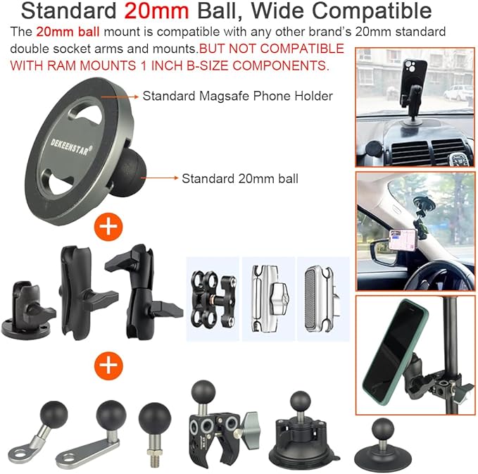 Magnetic Phone Holder Mount with 20mm (0.787 inches) Ball Compatible with Magsafe iPhone 16 15 14 13 Pro Max Ipad Pro Magsafe Ball Mount Phone Holder Adapter for Car