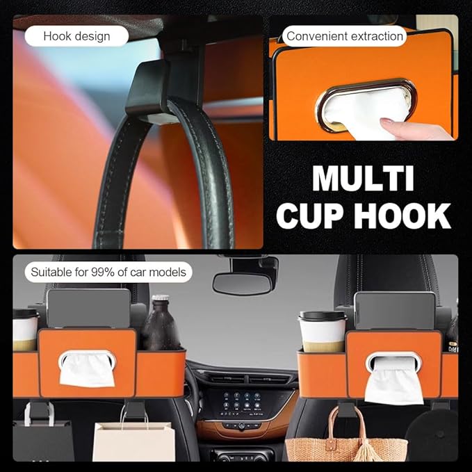 Cars Seat Back Bag, 2025 Upgrade Car Rear Backseat Extra Multifunctional Car Seat Back Storage Box, Multifunctional Car Seat Tissue Organizer with 2 Drink Cup Holder 2 Hooks (Beige)
