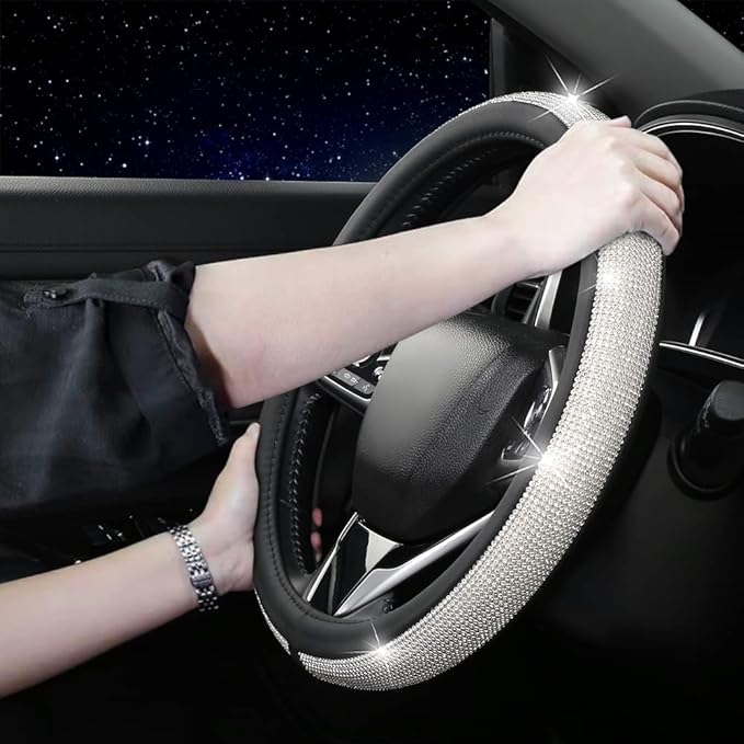 Bling Diamond Leather Steering Wheel Cover, Pink Steering Wheel Covers for Women Girls with Crystal Rhinestones, Universal Fit 14.5-15 Inch Car Steering Wheel Bling Cover Accessories