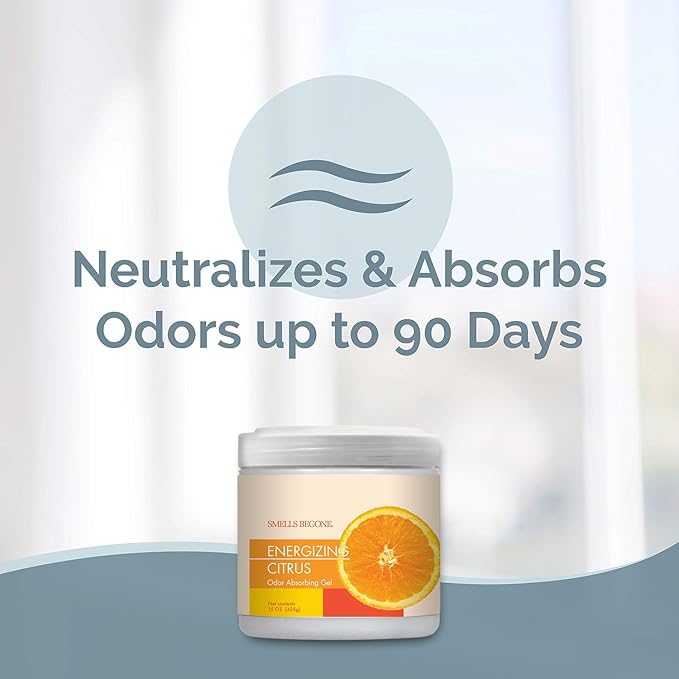 SMELLS BEGONE 15oz Gel Odor Eliminator - Absorb & Remove Tough Odors in Pet Areas, Bathrooms, Basements, Garage, Cars, RVs & Boats - Eliminate Odors Quickly (15 Ounce (Pack of 2), Energizing Citrus)