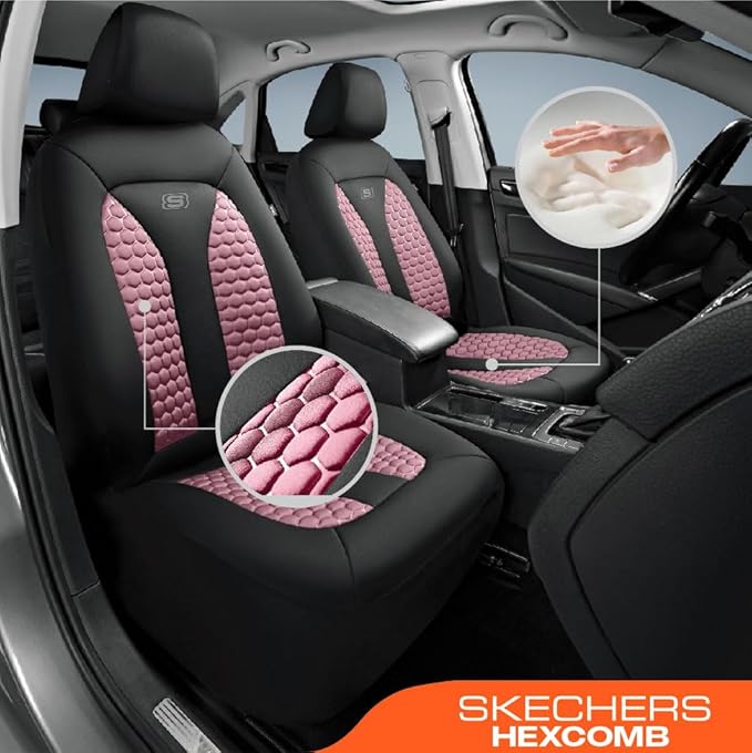 Skechers Memory Foam™ Car Seat Cover Full Sets, Hexcomb Breathable Thick Seat Covers, Airbag Compatible, Automotive Comfort & Protection for Most Cars,Van,Trucks, SUVs (Pink,Full Set)