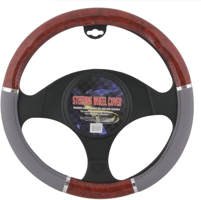 BDK Dark Wood Grain Car Steering Wheel Cover, Standard 15 inch with Gray Faux Leather Grip, Made to Fit Most Auto Truck Van SUV