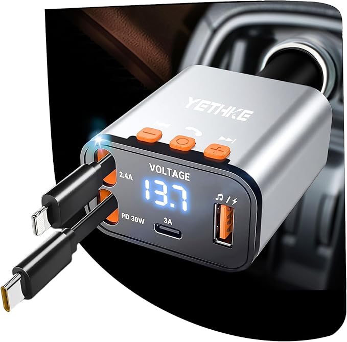 Bluetooth Car Adapter with Retractable Charger,[Upgrade] Bluetooth 5.4 FM Transmitter for Cars, 4 in 1 Fast Car Charger 69W, Handsfree Call, 2*Retractable Cable for iPhone 17/16/15/14, Galaxy-Silver