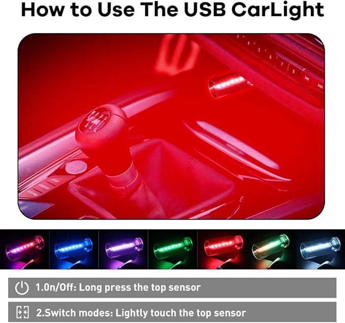 14 in 1 Modes Car USB Night Light, 7 Colors Touch Adjustment LED Interior Night Lighting Plug in USB Mini Ambient Lamps for Car, Camping, Holiday Decoration, Bedroom, Party(4Pcs)