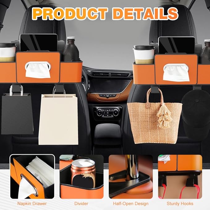 Back Seat Car Organizer,3 in 1 Car Backseat Storage Box with Cup Holder,Tissue Box,Trash Bin&Hooks,Multifunctional Waterproof Storage for Hold Phones Snacks Drinks Handbags (1, Brown+White)