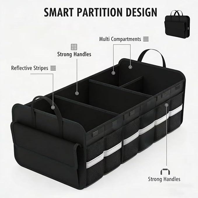 CloudDream Car Trunk Organizer and Storage, 35.4" Large Foldable Cargo Storage with 3 Compartments & 6 Pockets, Waterproof Collapsible Organizer for SUV, Truck, Minivan, Sedan, Auto Accessories