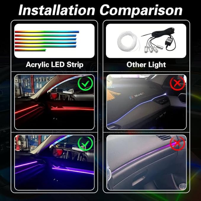 Acrylic Interior Car LED Lights with Remote and Wireless APP 10 in 1,Ambient Lighting Kits Fiber Optic Strip LEDs,16 Million Colors Music&DIY Function