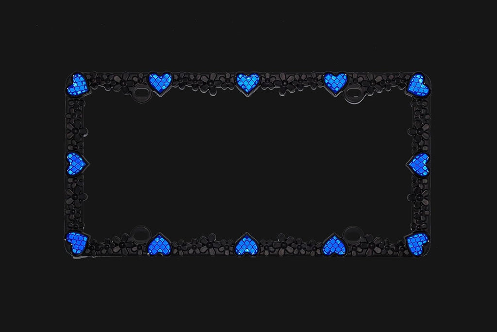 Creathome 3D Daisy Heart License Plate Frame from Pure Zinc Alloy Metal Perfect Plate Holder, Matt Black Daisy with Blue Reflective Heart