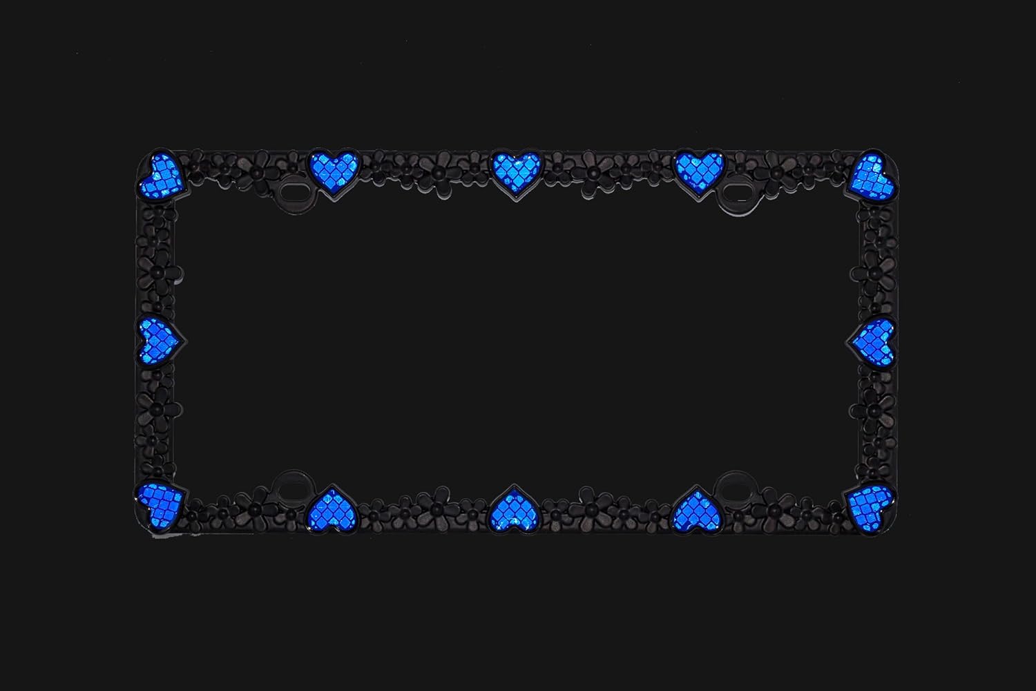 Creathome 3D Daisy Heart License Plate Frame from Pure Zinc Alloy Metal Perfect Plate Holder, Matt Black Daisy with Blue Reflective Heart