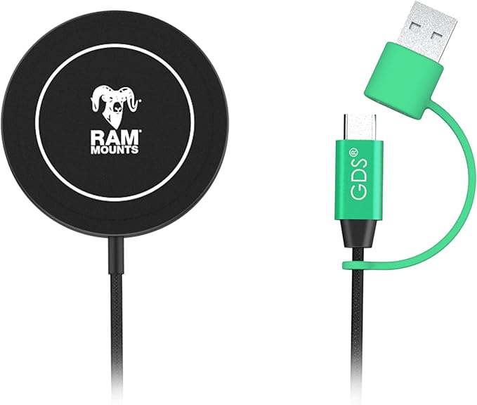 RAM Mounts Qi2 15W Rugged Wireless Charger, IP67 Waterproof MagSafe Compatible Charging Puck with USB-C Cable for Car, Truck, Motorcycle, Marine & Outdoor Use RAM-GDS-CHARGE-W2M